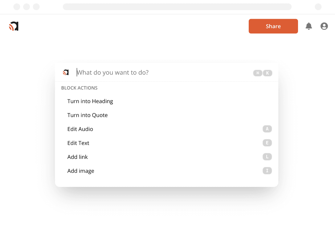The Audyo command palette with actions to edit audio, edit text, add a link, and add an image.