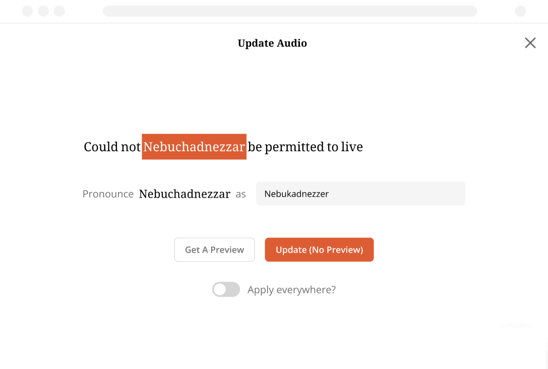 The update audio dialog that sets a pronunciation for the word Nebuchadnezzar.